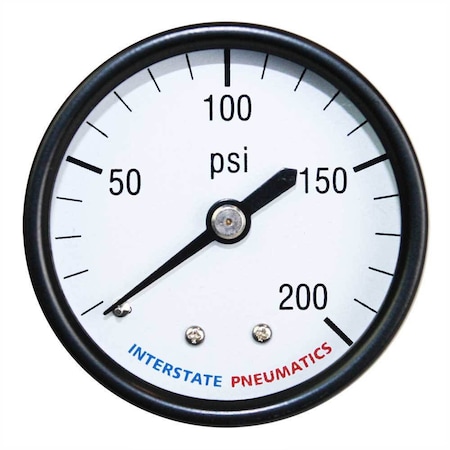 Interstate Pneumatics 200 PSI 1 -1/2 Inch Diameter 1/8 Inch NPT Rear Mount Pressure Gauge G2101-200